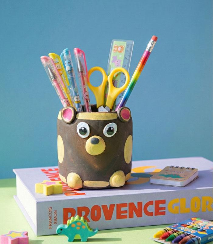 Terracotta bear penstand - handmade desk organizer with pens